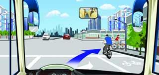 駕駛機動車在這個路口右轉彎時要避讓非機動車。