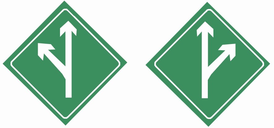 圖中標志是分流誘導標志，表示前方有分流車道，車輛應按箭頭方向直行或駛出主車道。